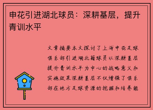 申花引进湖北球员：深耕基层，提升青训水平